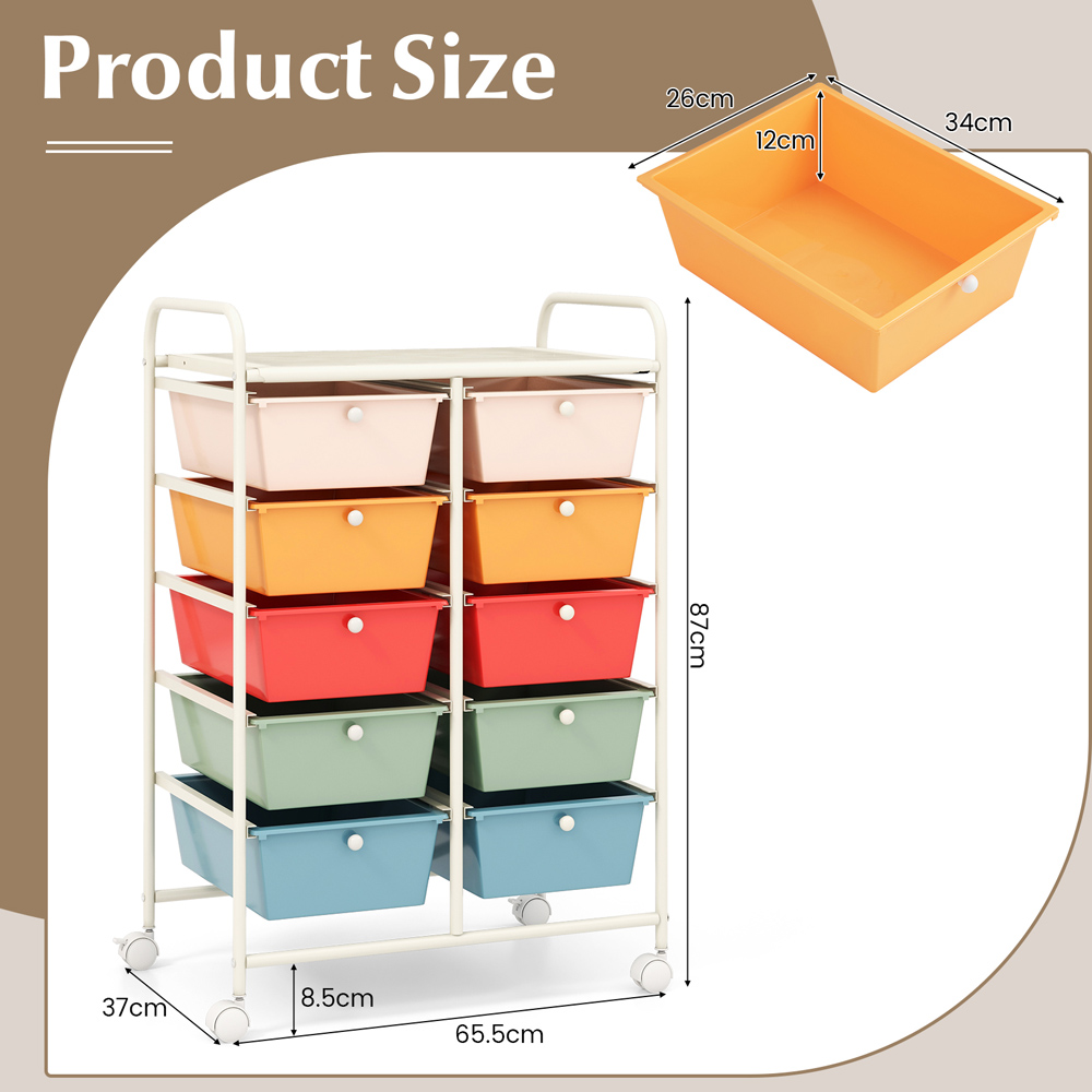 Costway 10 Drawer Colourful Storage Rolling Cart Image 7
