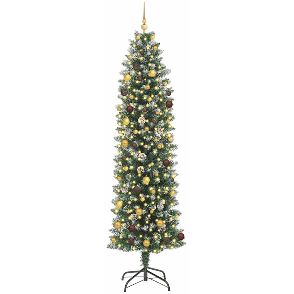 vidaXL Pre-Lit Gold and Bronze Baubles Green and White Artificial Slim Christmas Tree 8ft Image 1