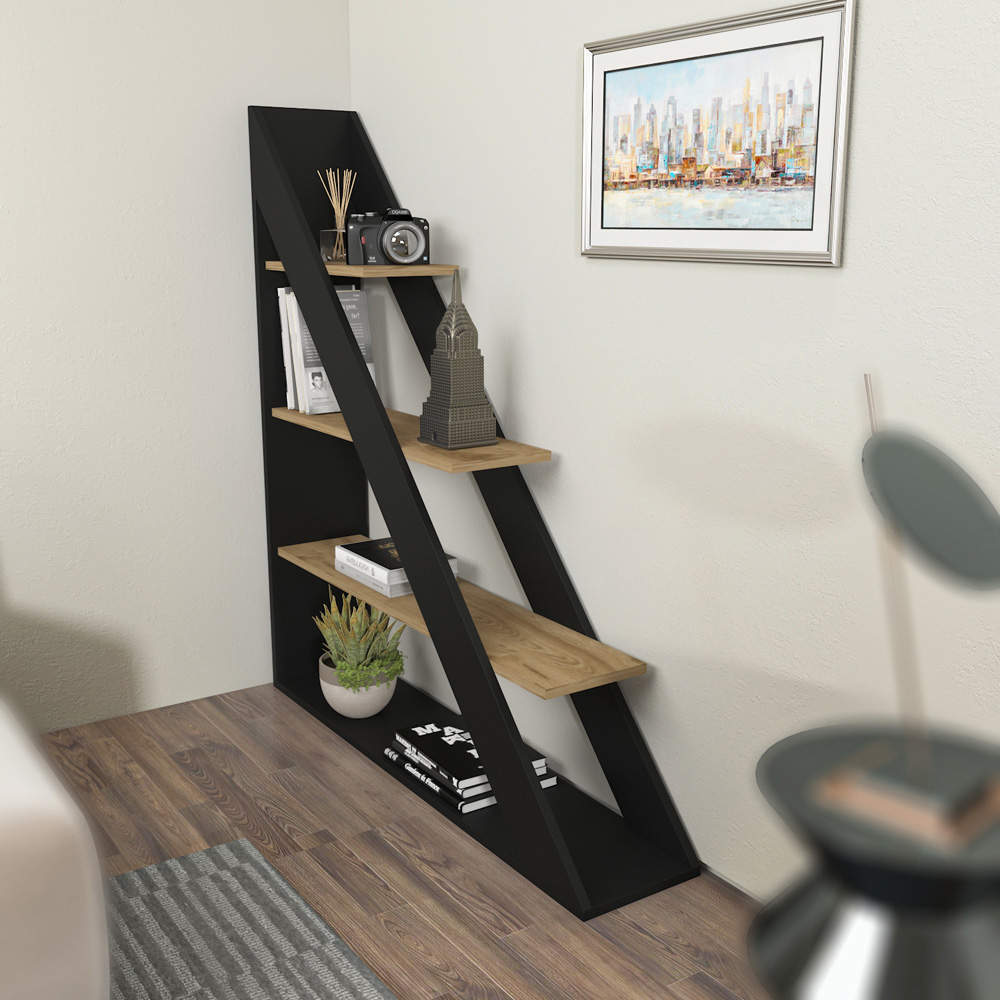 Decorotika Pisagor 4 Shelf Black and Oak Corner Bookcase Image 6