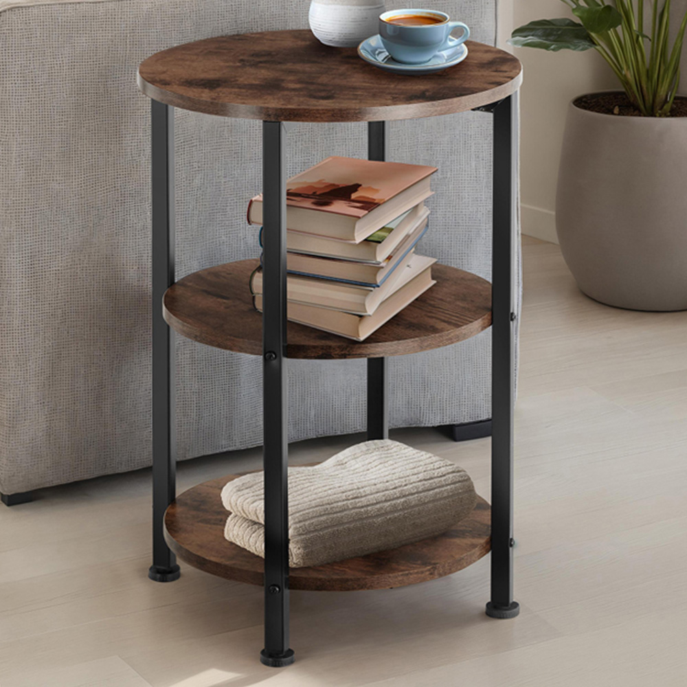 Tectake Colchester 2 Shelf Rustic Dark Wood Round Bedside Table Image 1