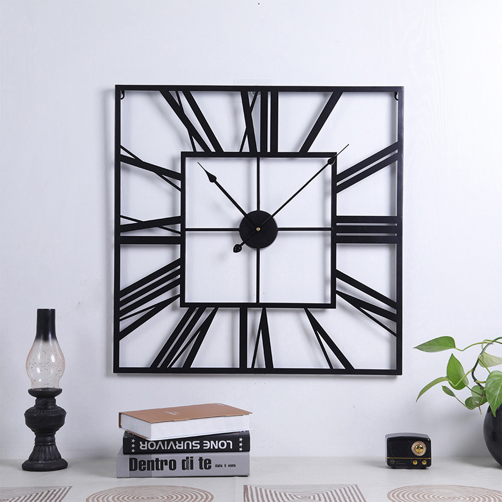 Living and Home Black Square Metal Wall Clock 60cm Image 2