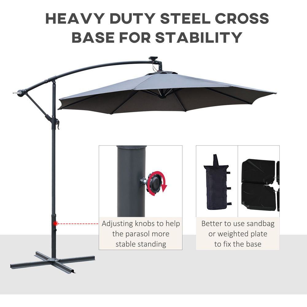 Outsunny Grey LED Banana Umbrella Cantilever Parasol with Crank Handle and Cross Base 3m Image 6