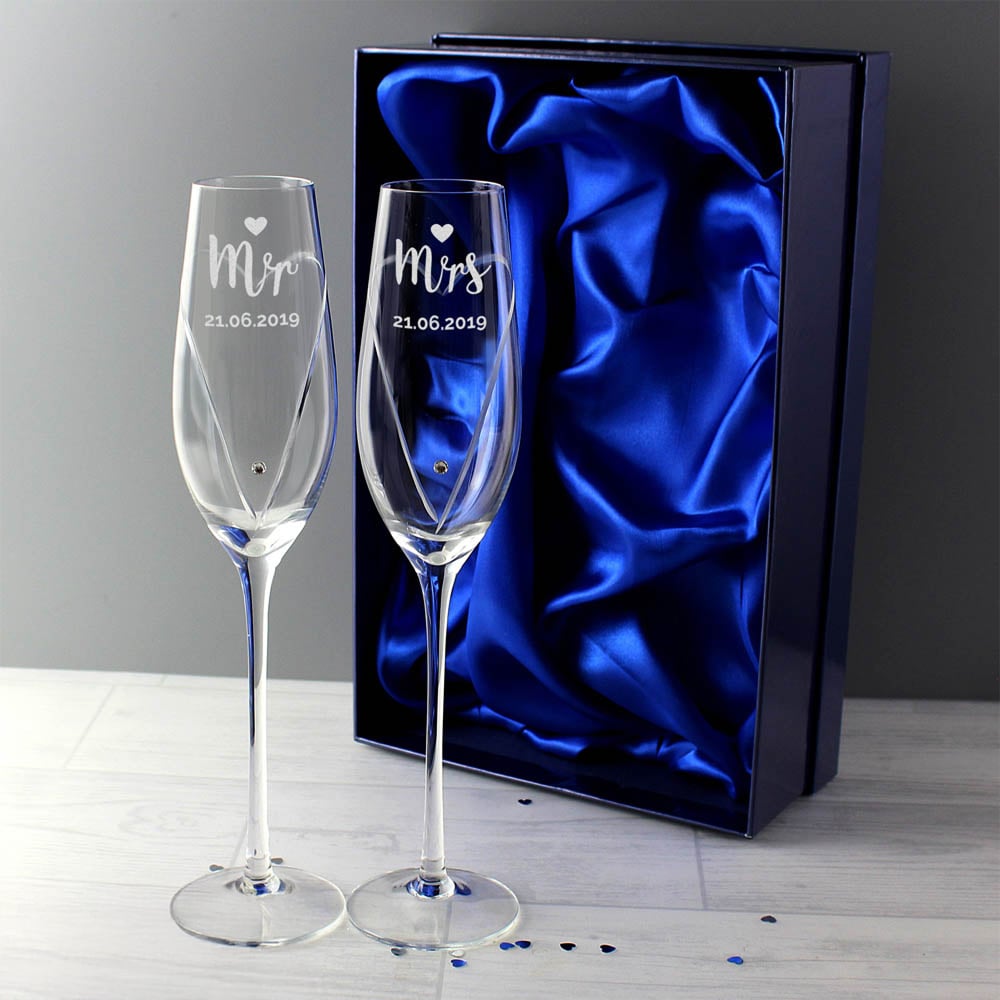 Personalised Memento Personalised Hand Cut Mr and Mrs Pair of Flutes in Gift Box Image 3