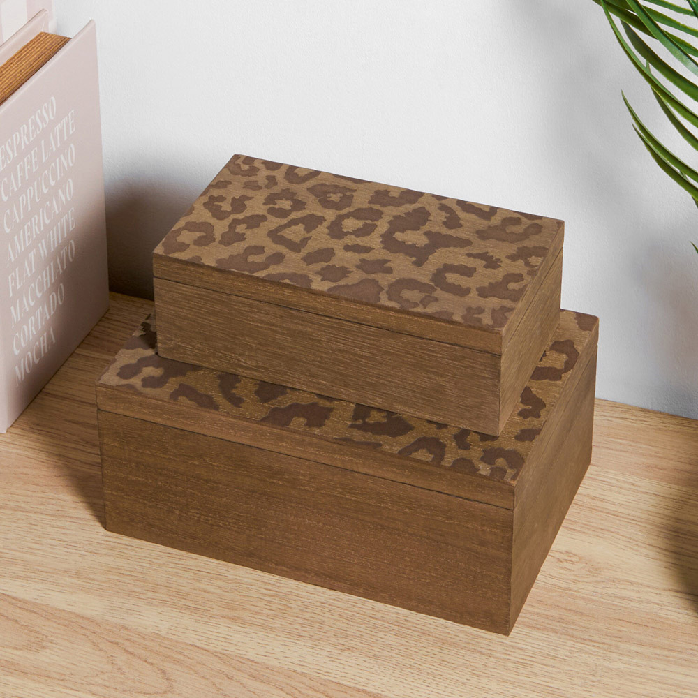 Set of 2 Leopard Wooden Boxes Brown Image 2
