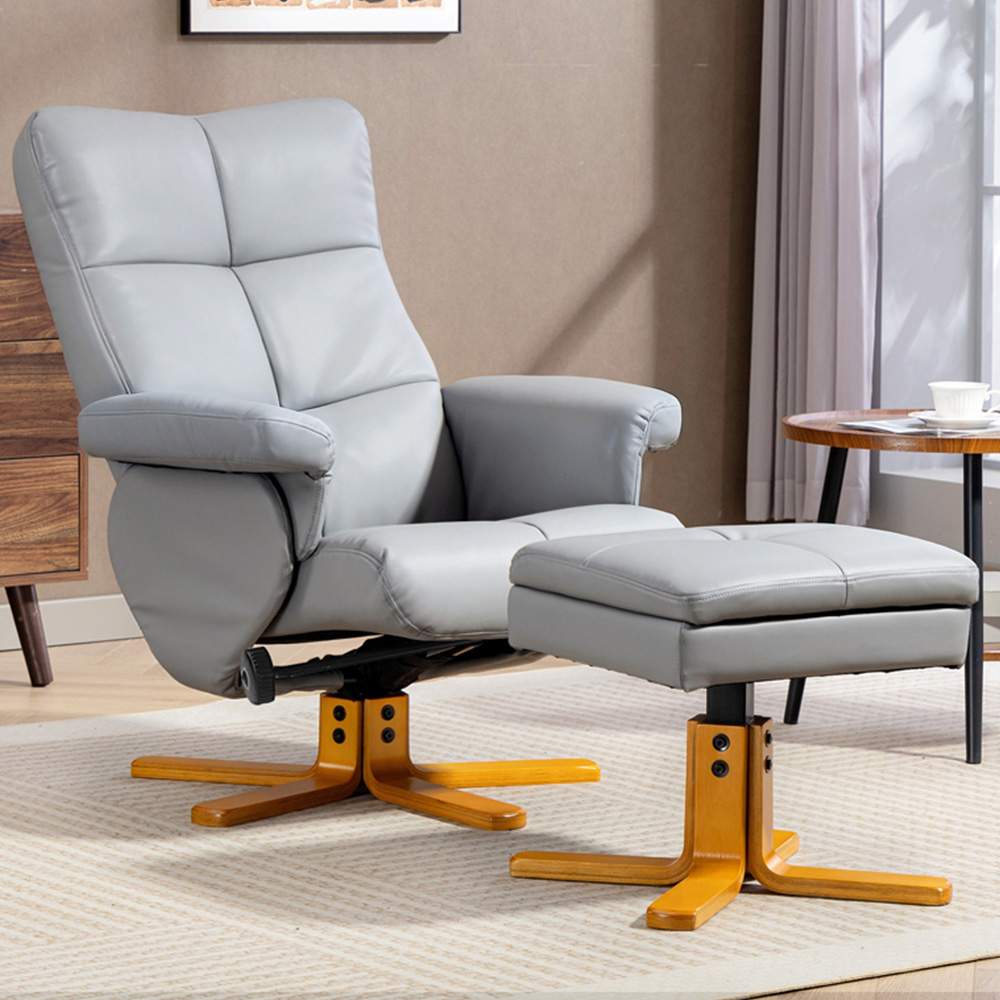 Portland Light Grey PU Leather Wooden Base Swivel Recliner Chair with Ottoman Image 1