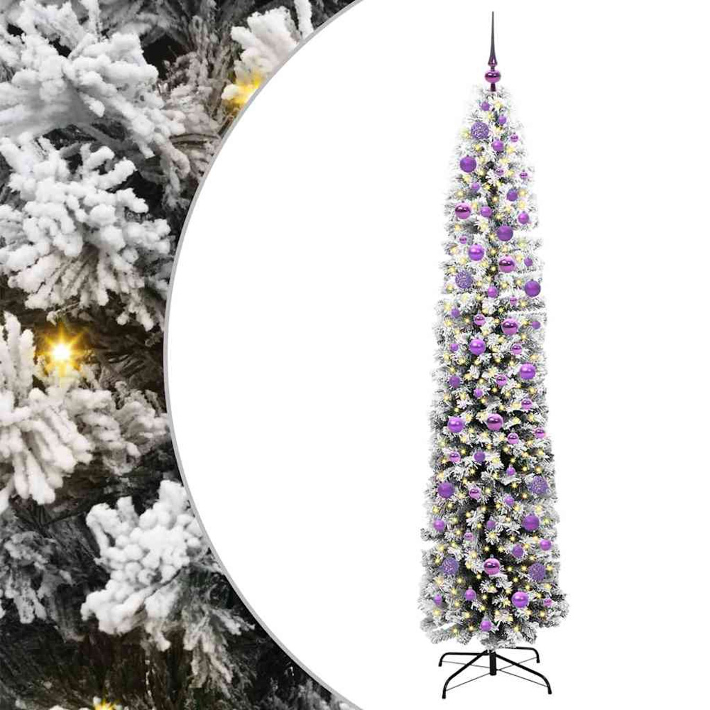 vidaXL 300 LED Pre-Lit Lilac Baubles Green Artificial Snow Flocked Christmas Tree 7ft Image 2