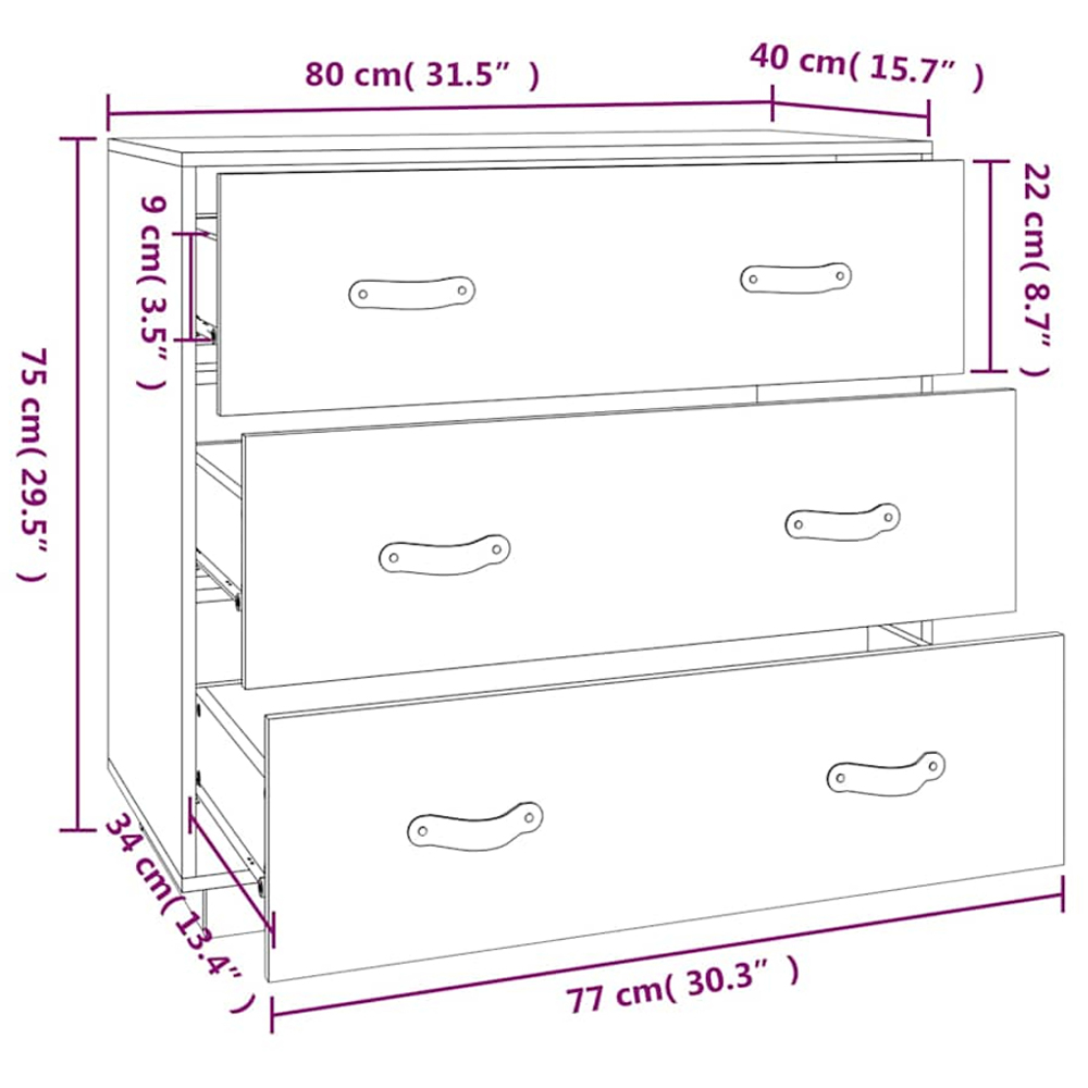 vidaXL 3 Drawer Natural Pine Wood Sideboard Image 9