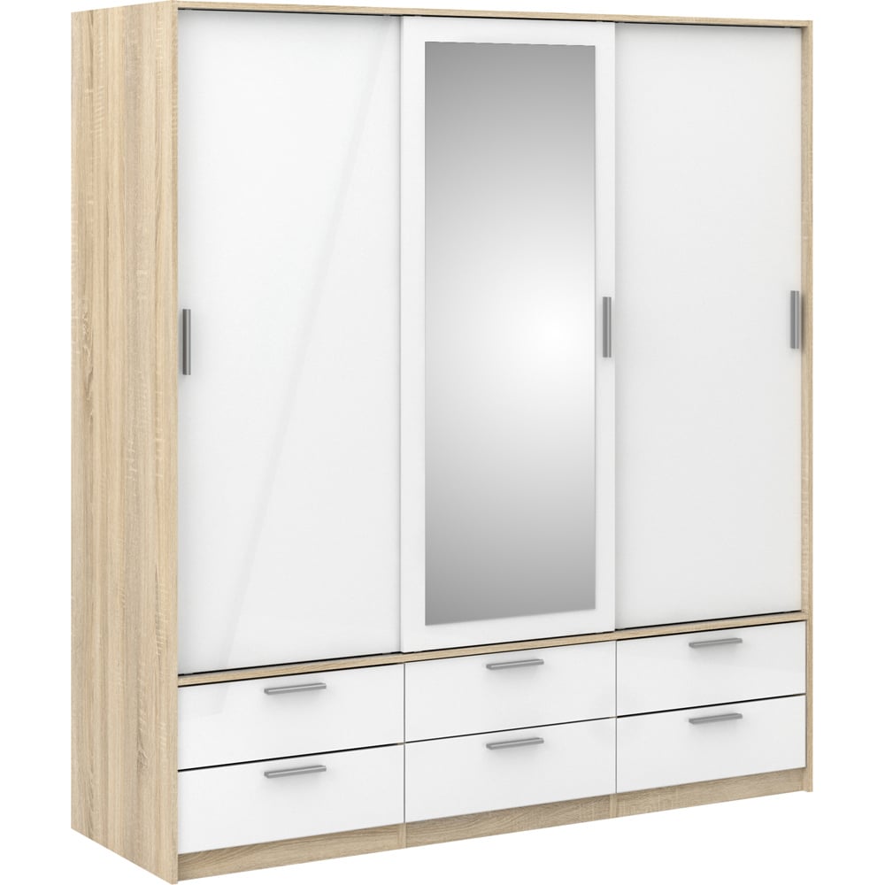 Florence Line 3 Door 6 Drawer Oak and White High Gloss Wardrobe Image 2