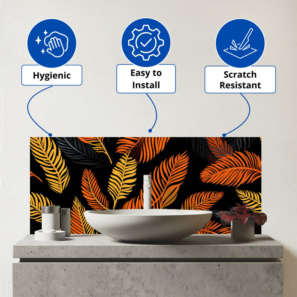 Warren Reed Designer Orange Feather Leaves Glass Bathroom Splashback 25 x 60cm Image 3