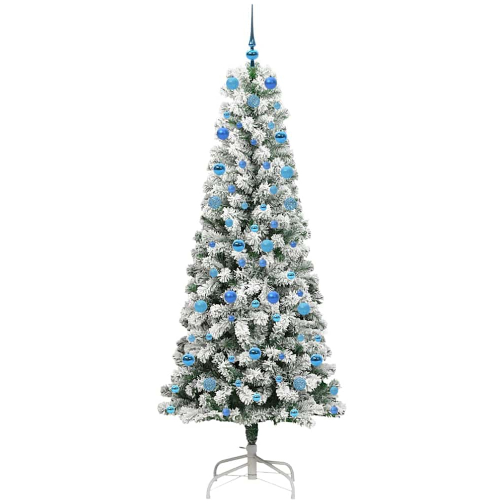 vidaXL Pre-Lit Warm White LED and Blue Baubles Snow Flocked Artificial Christmas Tree 7ft Image 4