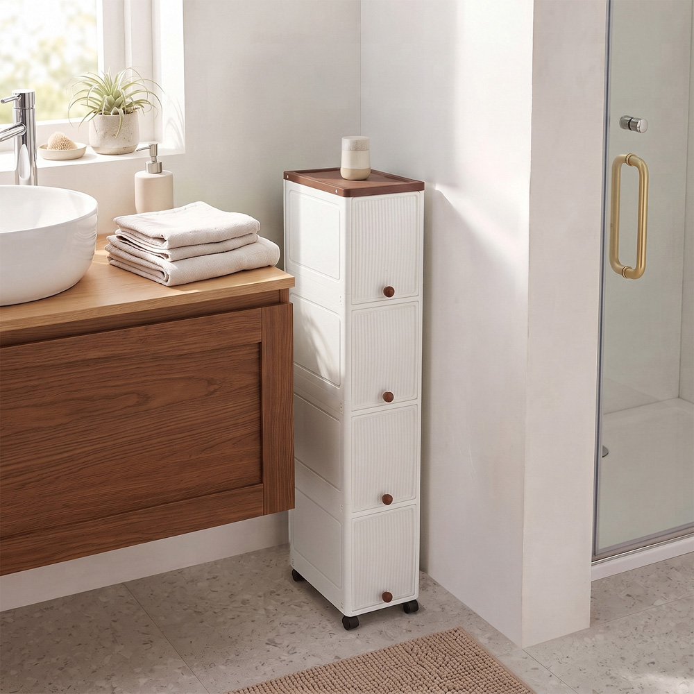 Living and Home 4 Shelf White Plastic Slim Storage Cabinet with Wheels Image 2