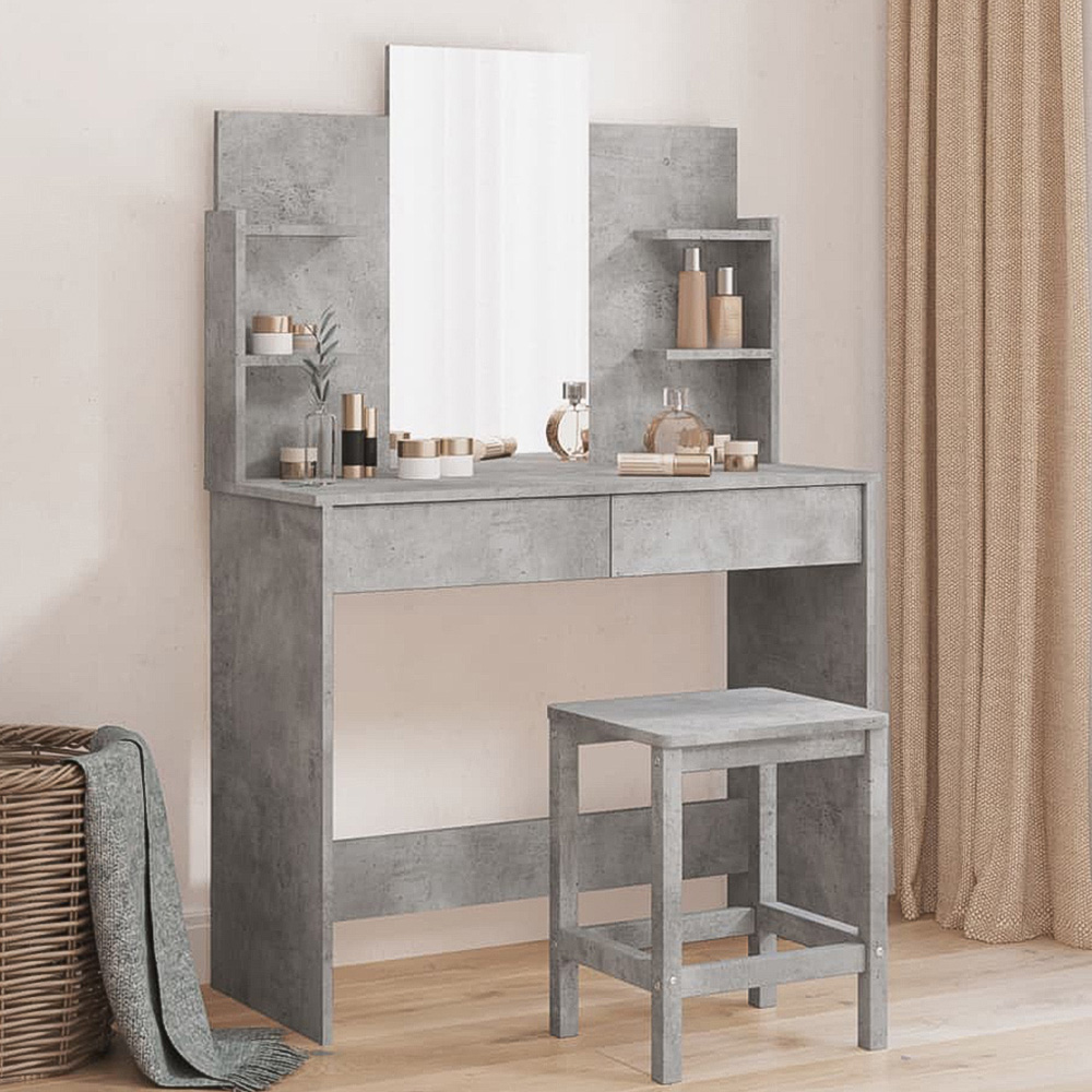 vidaXL 2 Drawer 4 Shelf Concrete Grey Dressing Table with Mirror Image 1