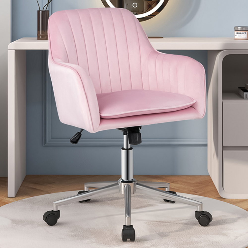 Costway Pink Velvet Adjustable Swivel Accent Chair with Wheels Image 1