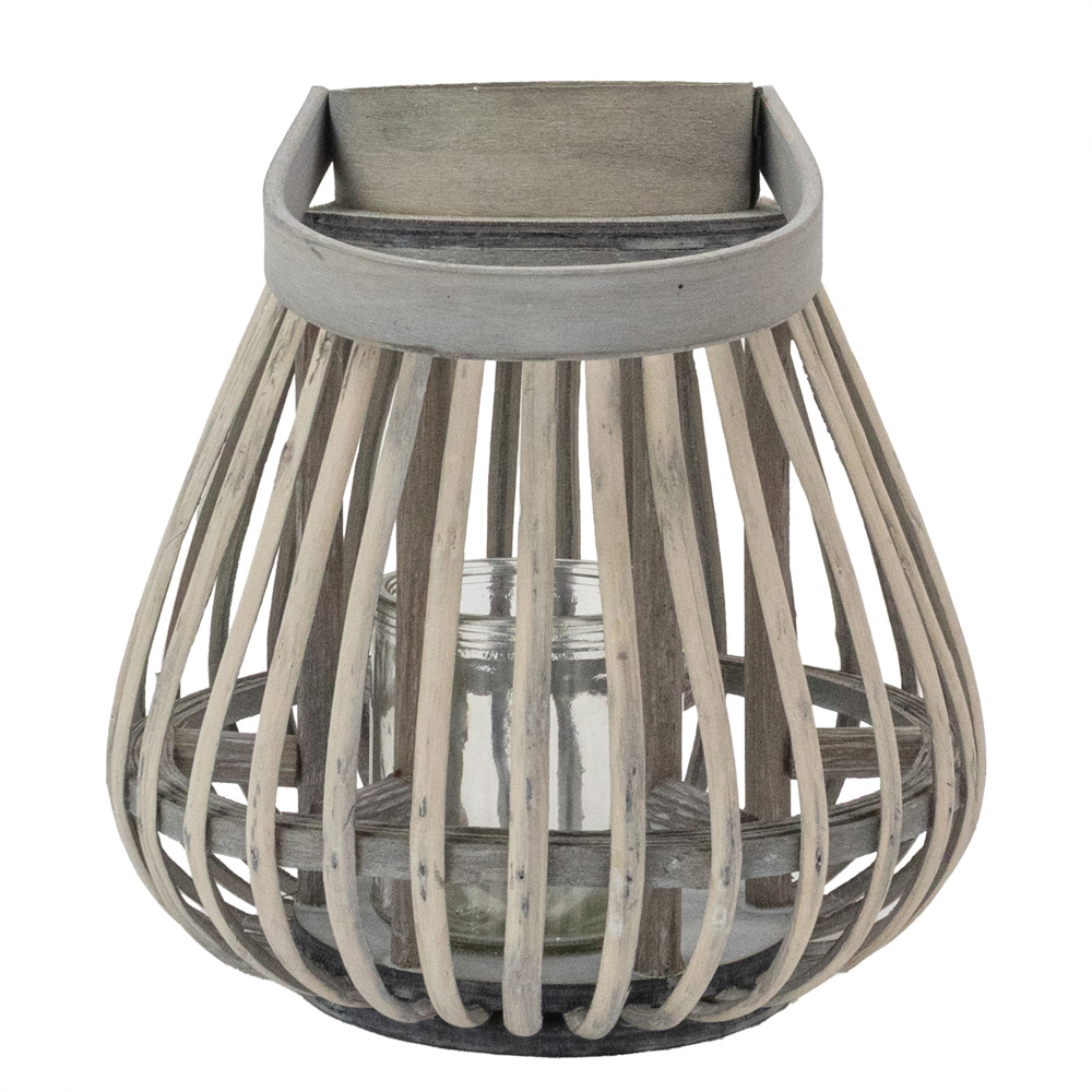 JVL Luna Grey Wash Natural Willow Wood Bulb Shaped Lantern with Wooden Handle Image 4