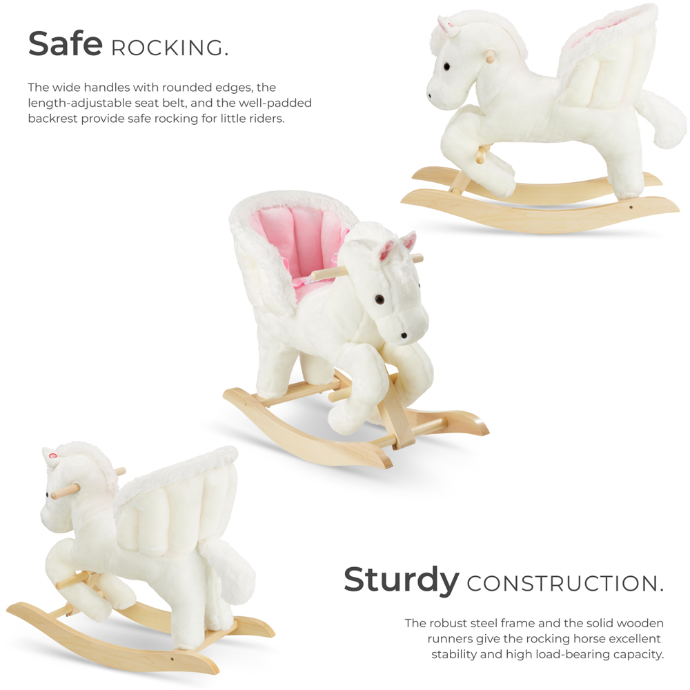 tectake Kids Pink and White Pegasus Plush Cover Wooden Rocking Horse Image 4