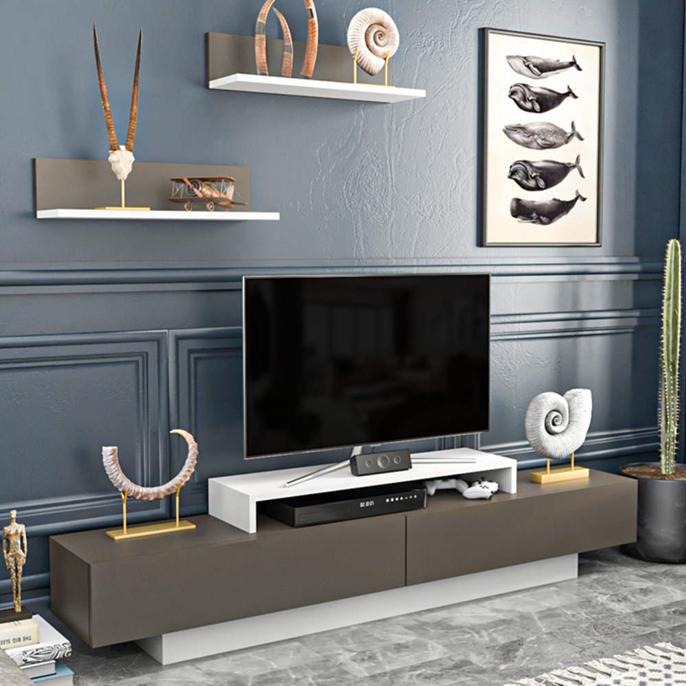 Decorotika Lusi 2 Door Single Shelf White and Coffee Galaxy TV Unit with 2 Wall Shelf Image 1