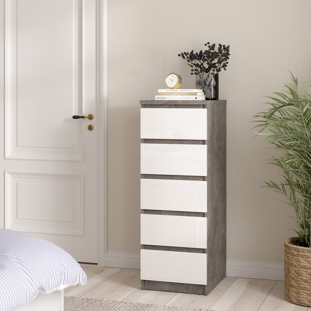 Florence 5 Drawer Concrete and White High Gloss Narrow Chest of Drawers Image 6