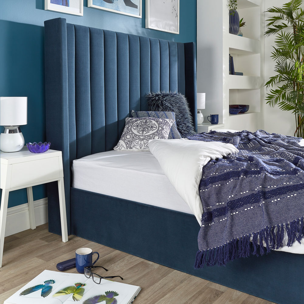 Aspire Helix Double Blue Velvet Ottoman Bed Image 2