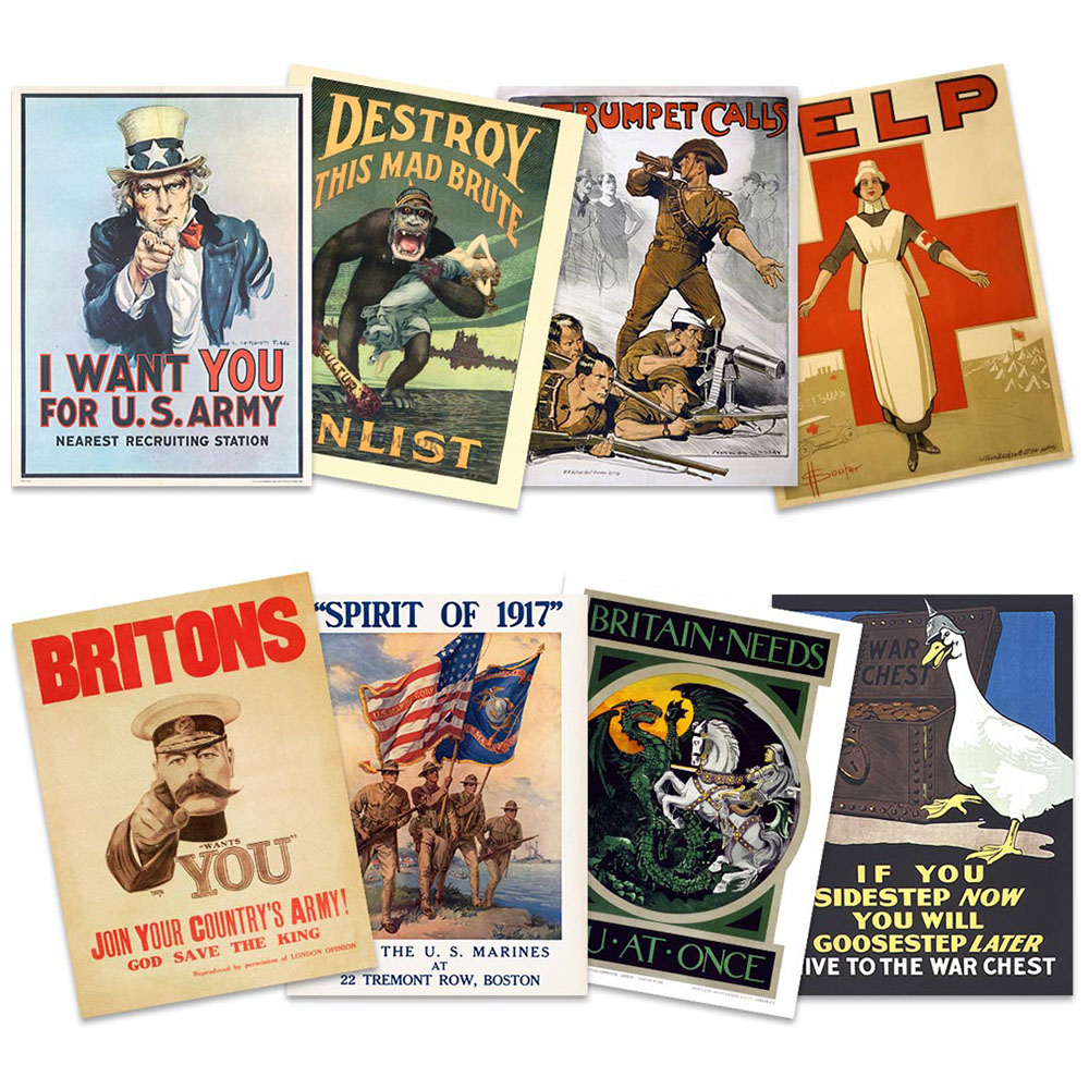 Artery8 World War 1 US UK Allies Military Recruitment Wall Art Print 30 x 41cm 8 Pack Image 1
