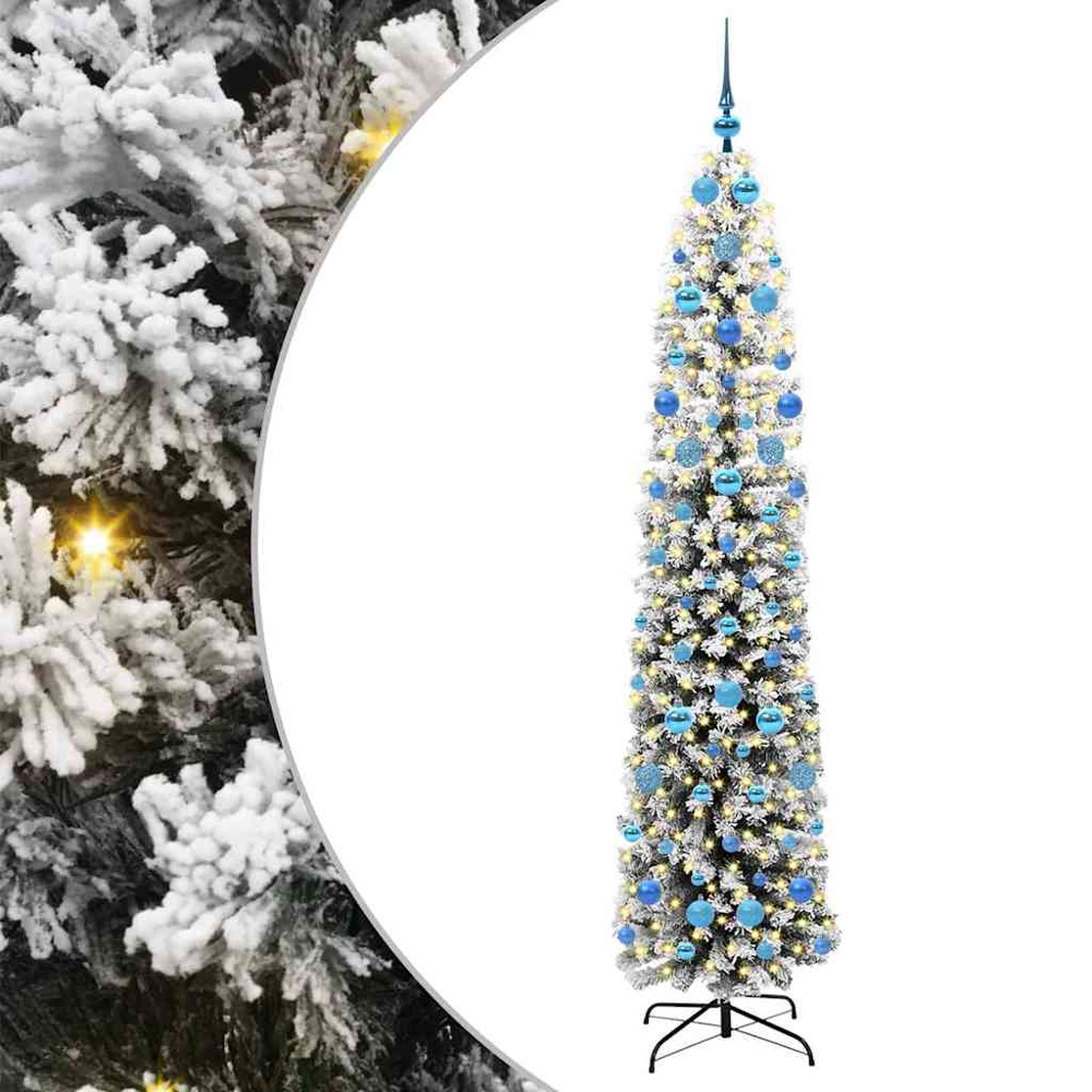 vidaXL 300 LED Pre-Lit Blue Baubles Green Artificial Snow Flocked Christmas Tree 7ft Image 2