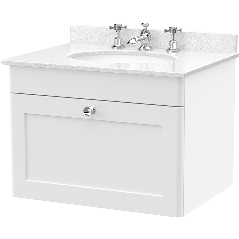 nuie Classique Single Drawer Satin White Wall Hung Unit and 3 Tap Hole Marble Basin 600mm Image 1