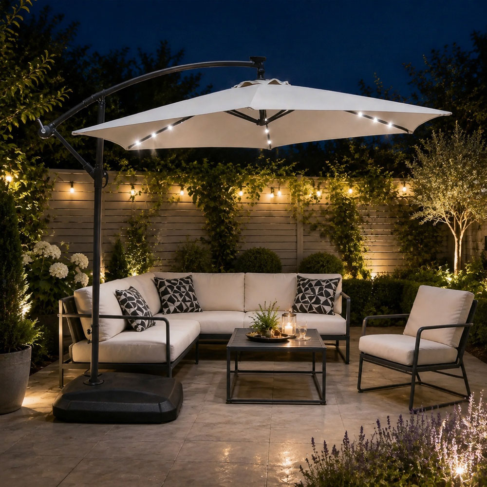 Direct Wicker Beige LED Tilt and Crank Hanging Cantilever Parasol 2.94m Image 2