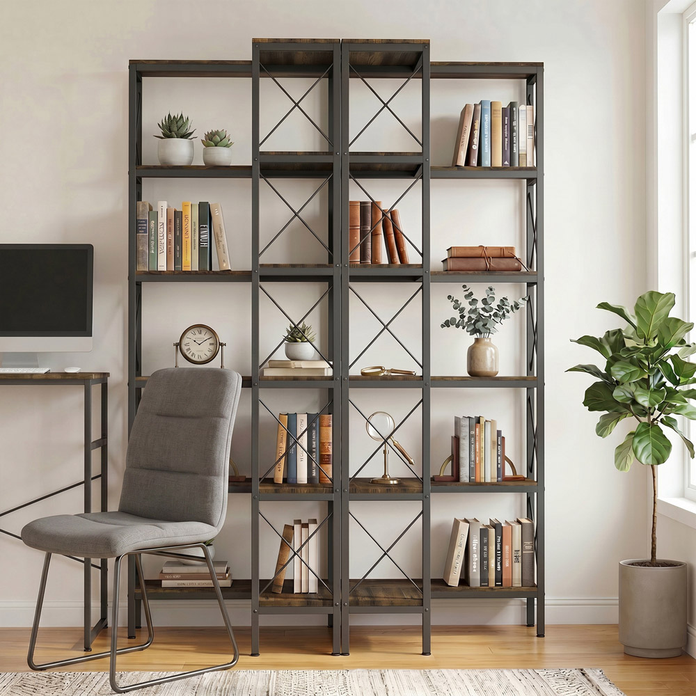 HOMCOM 5-Tier Rustic Brown L-Shaped Bookshelf Image 3