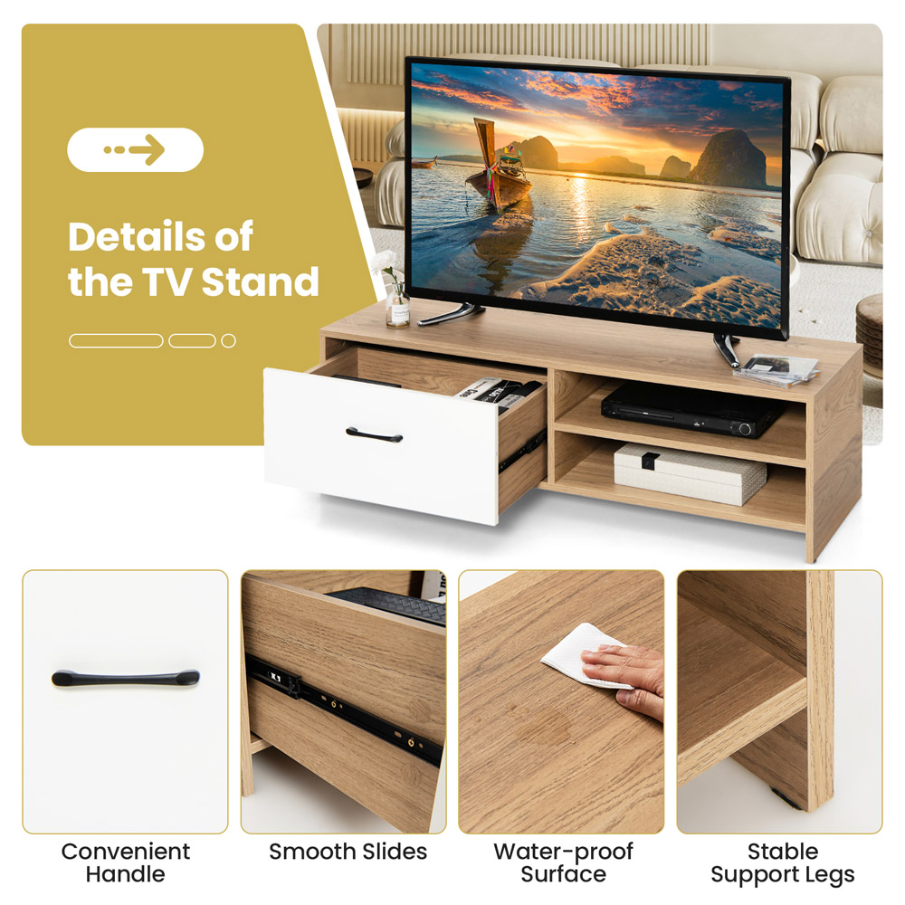 Costway Single Drawer 2 Shelf Natural and White TV Stand Image 7
