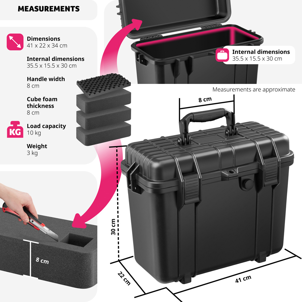 Tectake Black Hard Shell Waterproof Carry Case with Foam Insert 34 x 41cm Image 8