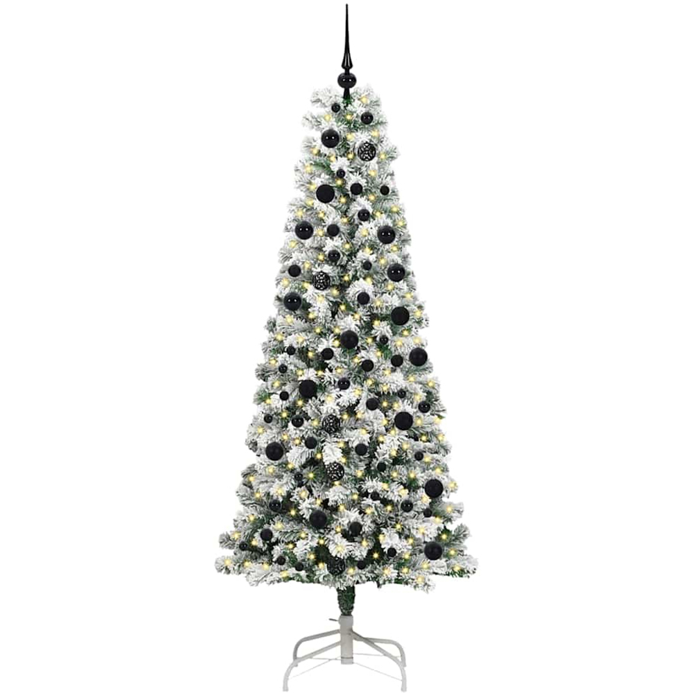 vidaXL Pre-Lit Warm White LED and Black Baubles Snow Flocked Artificial Christmas Tree 7ft Image 1