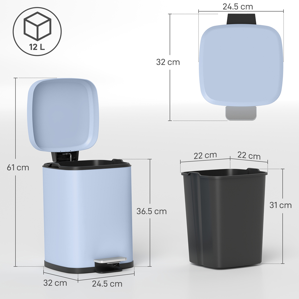 HOMCOM Light Blue Pedal Kitchen Bin with Soft Close Lid 12L Image 9