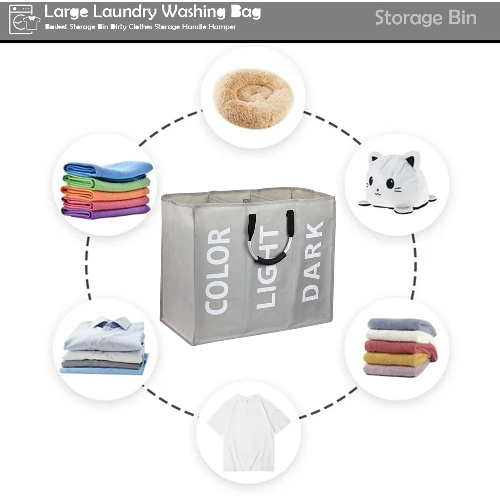 ATEK Triple Compartment Dark Grey Collapsible Laundry Basket Image 7