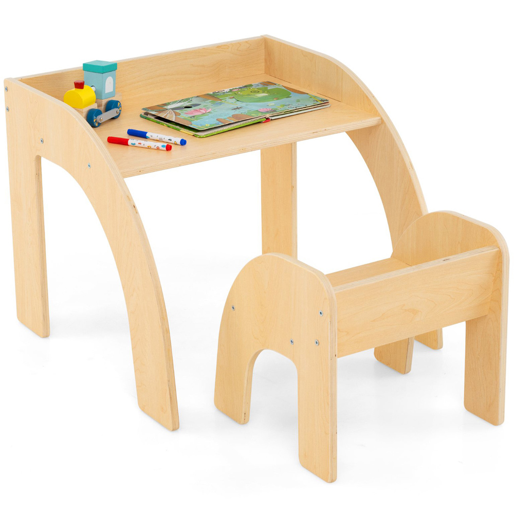 Costway Natural Wooded Toddler Kids Desk Set Image 2