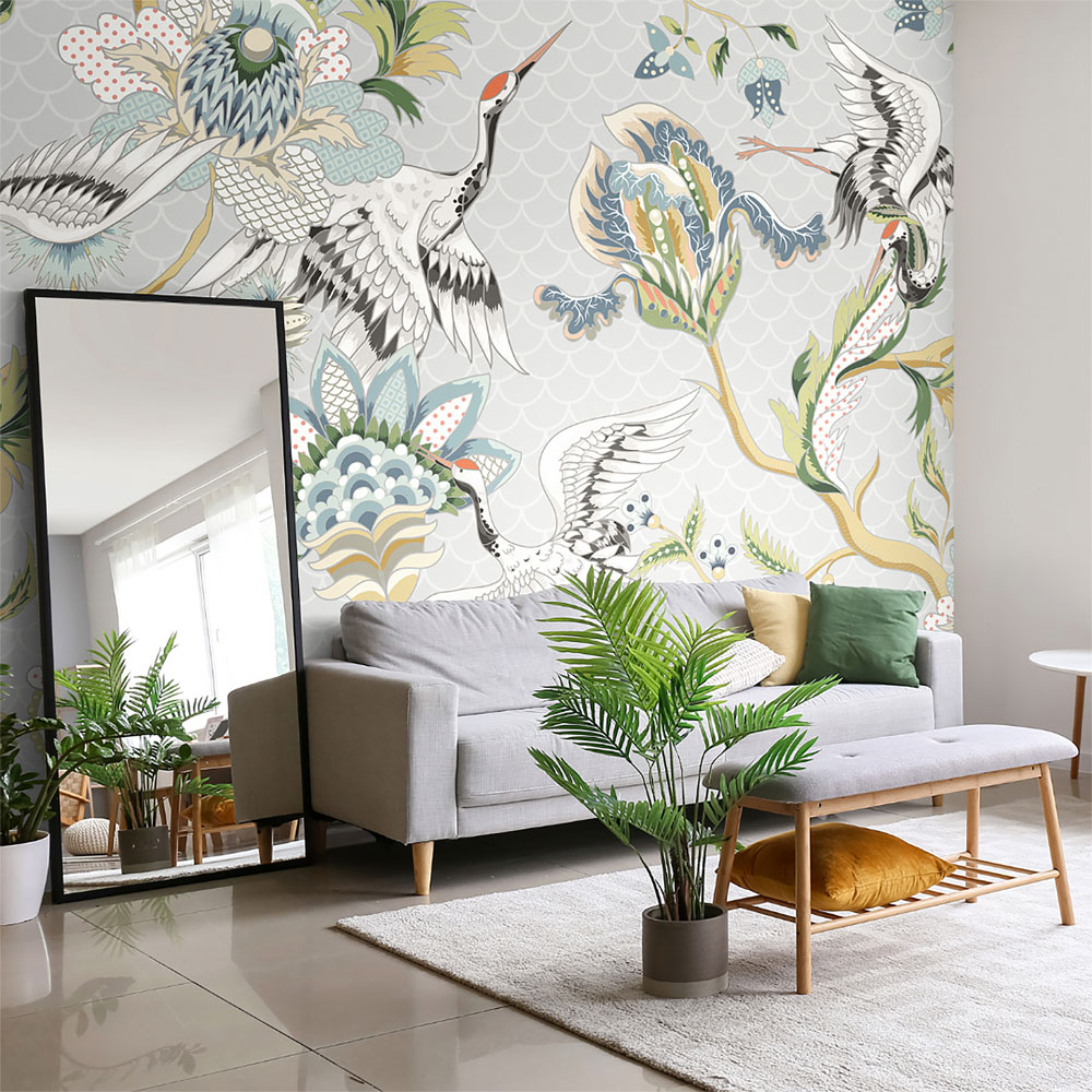 Origin Murals Cranes In Flight Grey Wall Mural Image 1