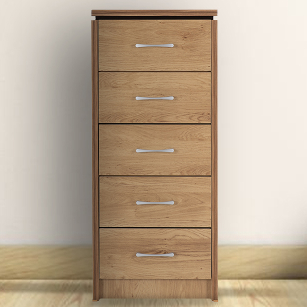 Seconique Charles 5 Drawer Oak Effect Veneer Narrow Chest of Drawers Image 1