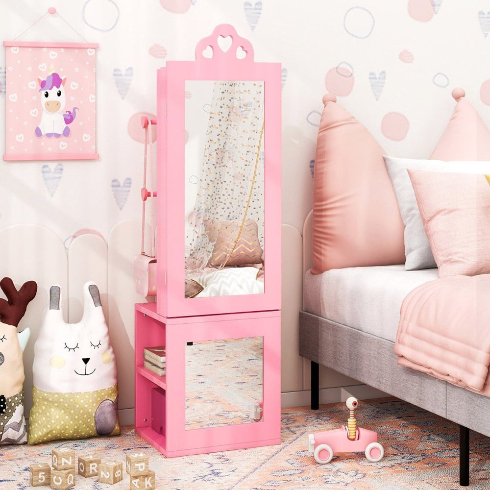 Costway 2 Shelf Pink Kids Jewellery Armoire Full Length Mirror with Coat Rack Image 3