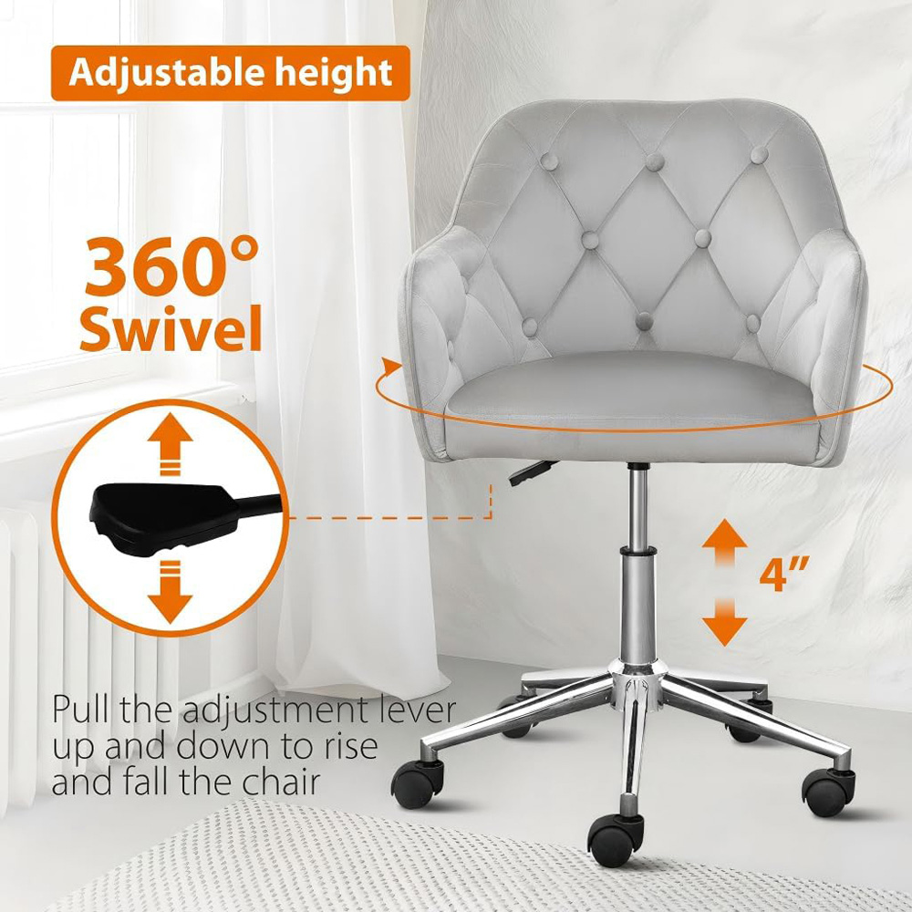 Alivio Grey Velvet Height Adjustable Swivel Tufted Office Chair with Wheels Image 9