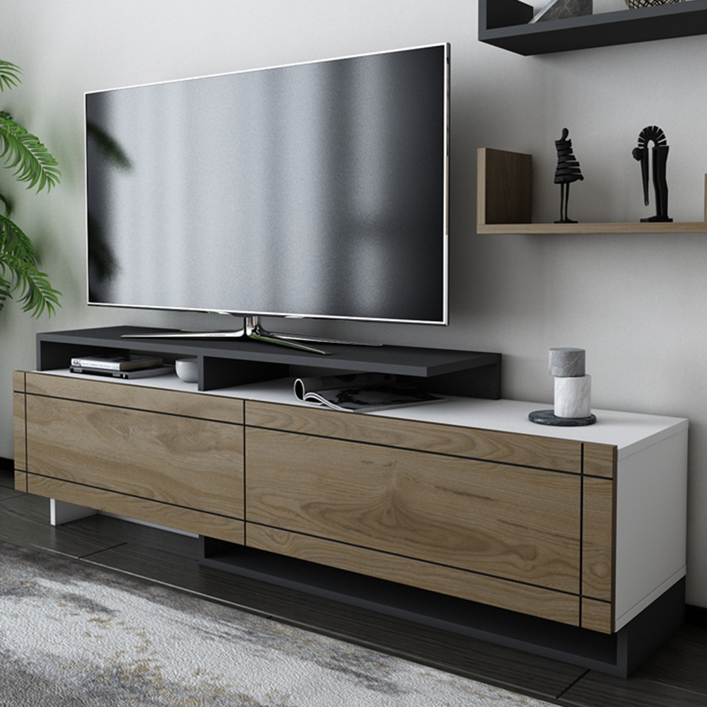 Decorotika Tamy 2 Door 2 Shelf White, Walnut and Anthracite TV Unit Image 1