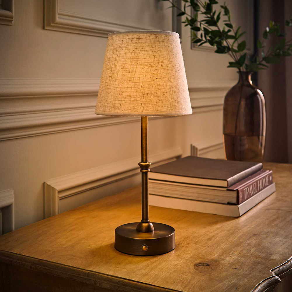 ValueLights Lowe Linen Tapered Shade Brass Portable Rechargeable Table Lamp with Bulb Image 2