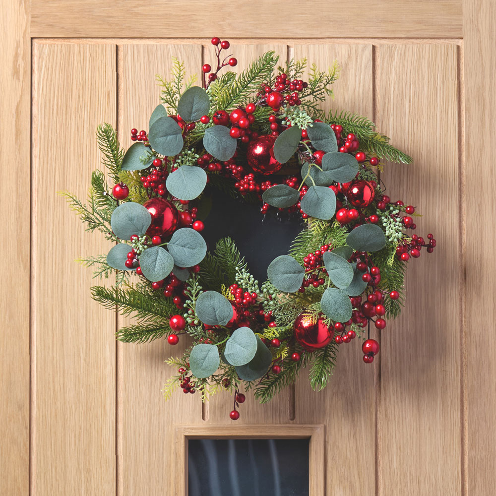 The Christmas Workshop Artificial Wreath with Red Baubles 45cm Image 2