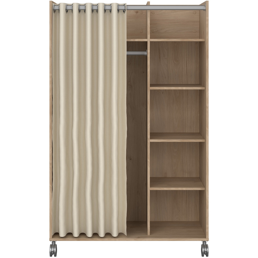 Florence Uppsala 6 Shelf Jackson Hickory Oak Open Mobile Wardrobe with Beige Textile Curtain Image 3