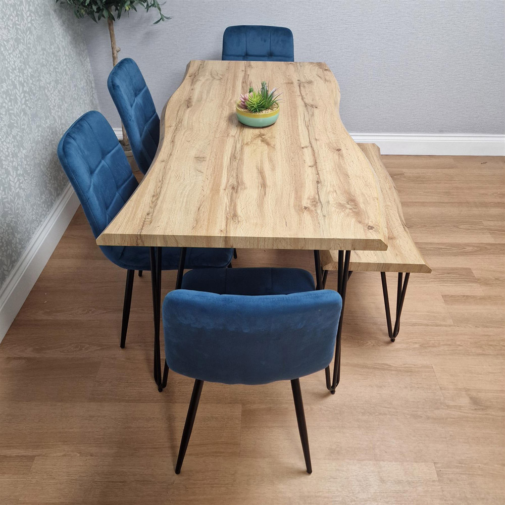 Kosy Koala 4 Seater Tufted Velvet Wooden Dining Set with Bench Blue and Brown Image 3