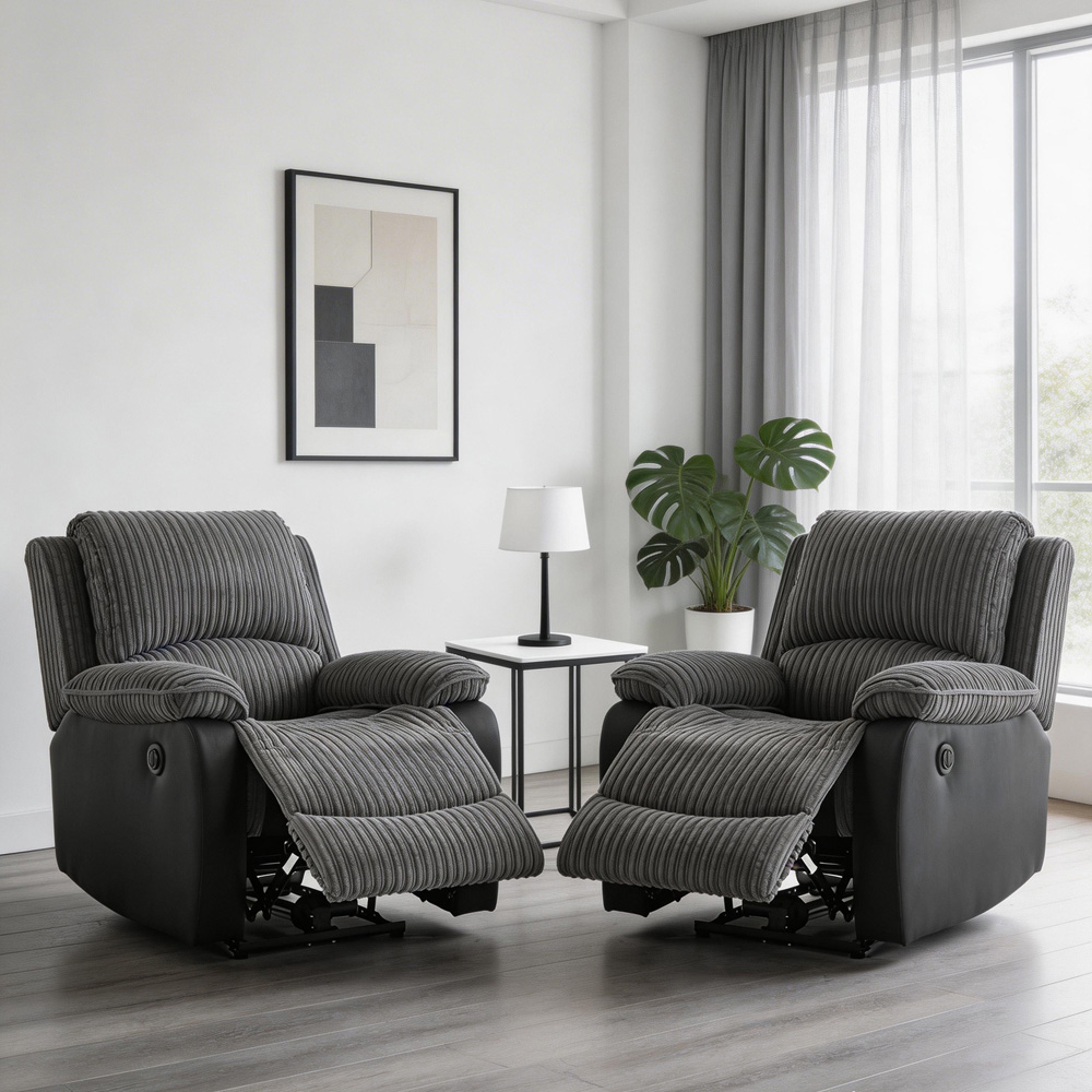 Furniture One 2 Seater Grey Sectional Corduroy Electric Recliner Sofa Chair Set Image 3