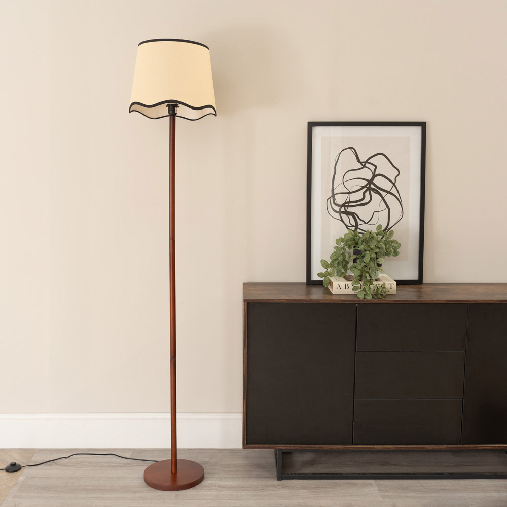 ValueLights Heather Scallop Black Trim Shade Dark Wood Stem LED Floor Lamp Image 3