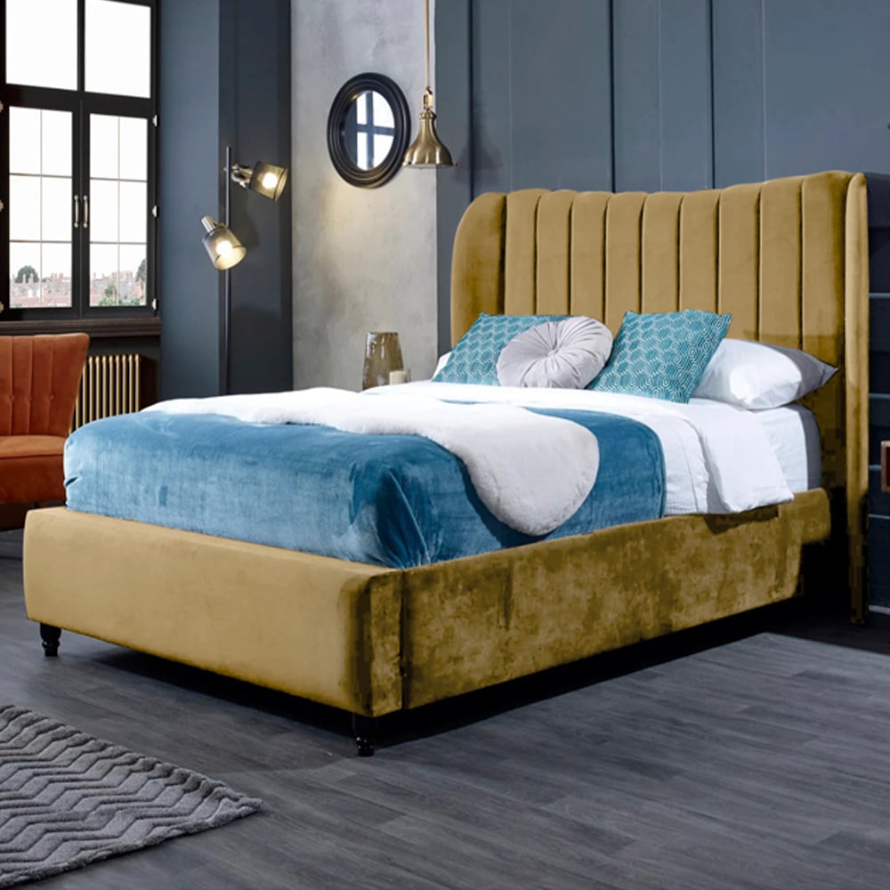 Eleganza Home Carli Double Beige Plush Velvet Bed Frame with Lined Headboard Image 1