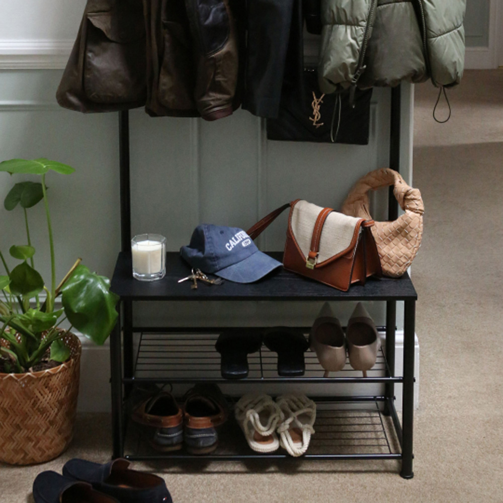 Harbour Housewares 2 Shelf 9 Hook Black Square Steel Coat Rack with Shoe Storage Bench Image 7