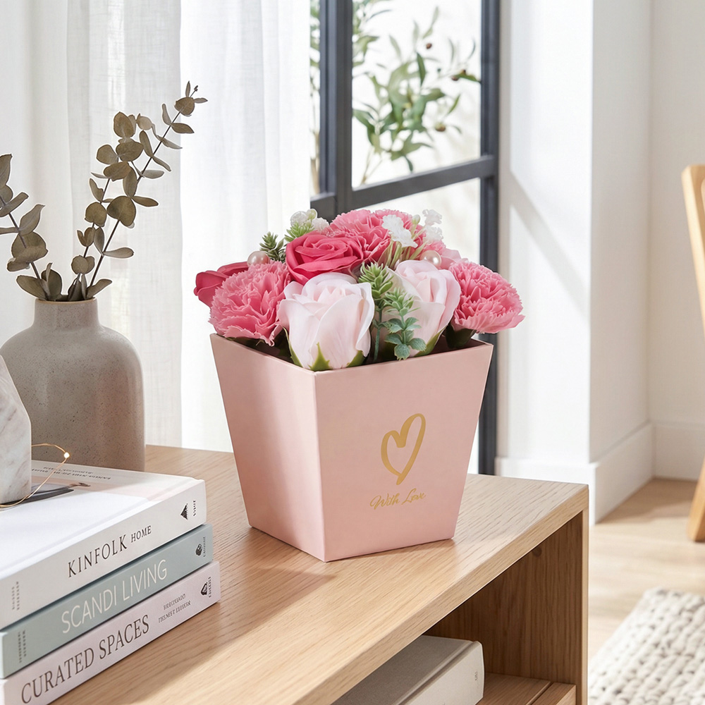 Living and Home Pink Rose and Carnation Soap Flower Bouquet Gift Box Image 7