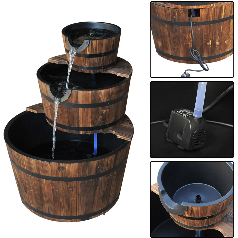 Outsunny 3 Tier Wooden Barrel Cascading Water Feature Image 3
