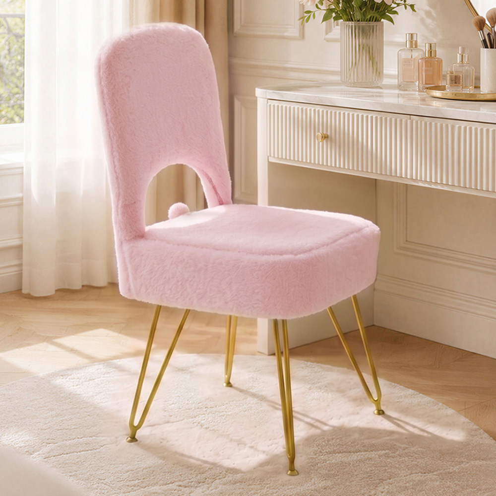 Living and Home Pink Faux Rabbit Fur Foldable Backrest Vanity Chair with Hidden Storage Image 1