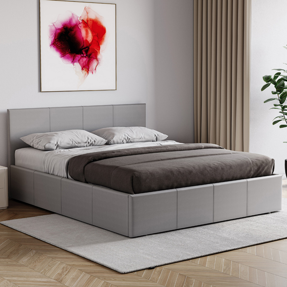 VIDA DESIGNS Lisbon Double Grey Faux Leather Ottoman Bed with Gel Memory Foam Mattress Image 1